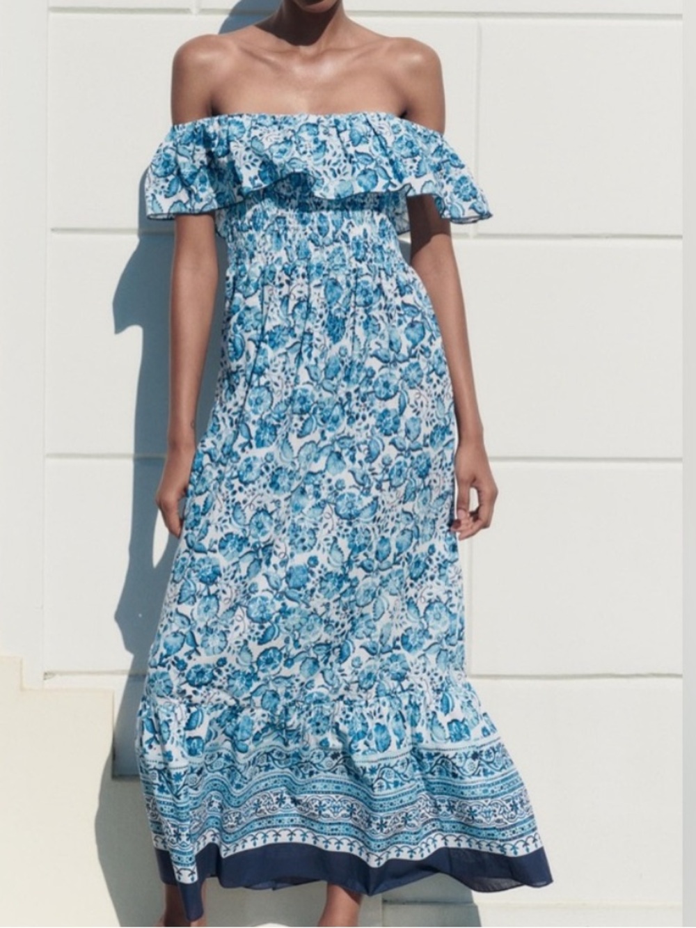 Zara Blue and White off-Shoulder Floral Maxi Dress